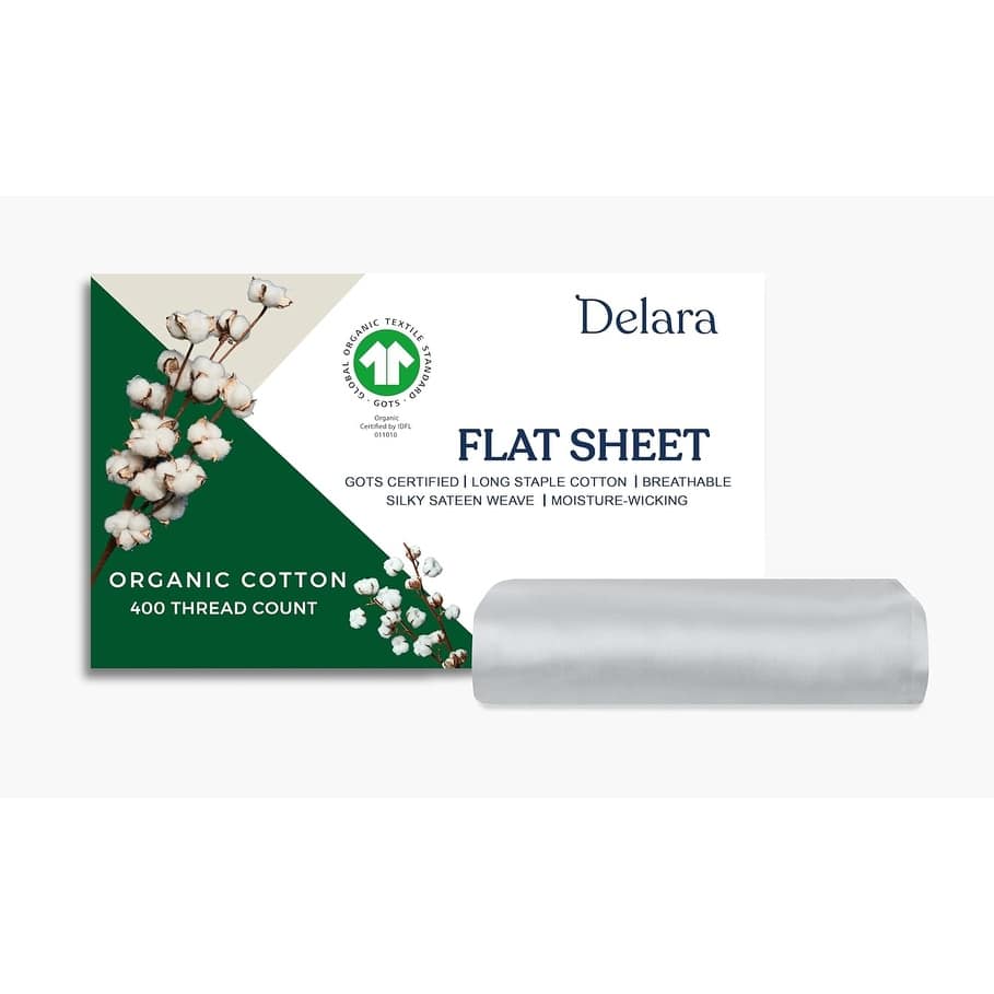 Delara GOTS Certified 100% Organic Cotton Flat sheet, 400TC Long Staple Cotton, Ultra Soft, Moisture-Wicking,Smooth & Breathable