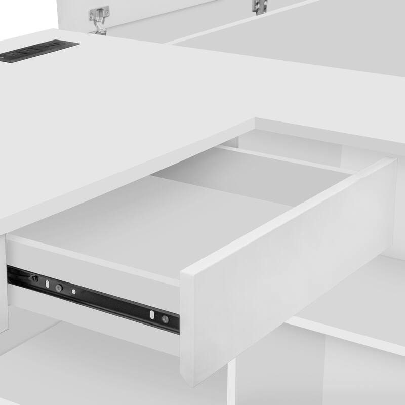 Full Size White Wooden Platform Bed with Storage, Desk, and Wardrobe