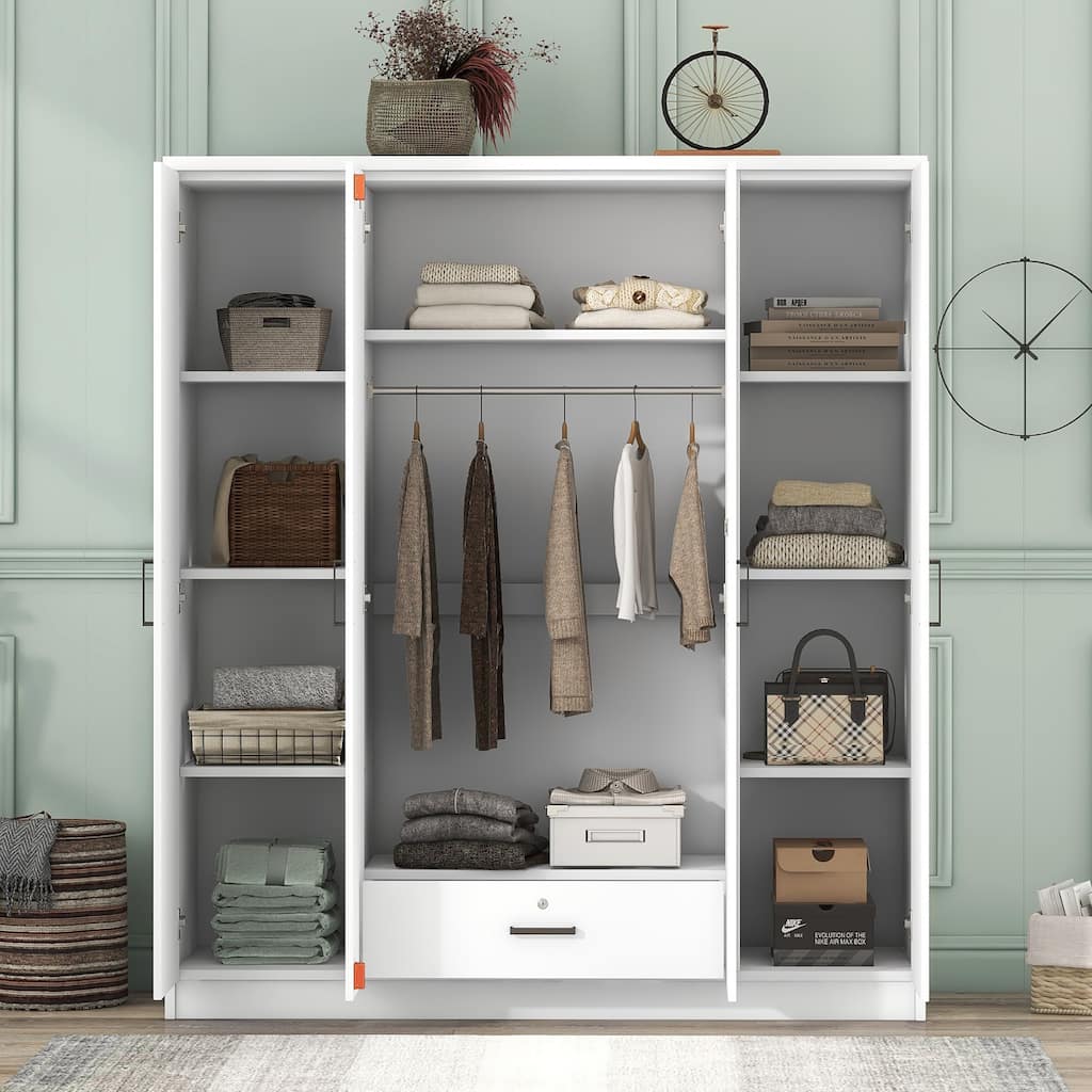 4-Door Armoire Bedroom Wardrobe with Drawer, Shelves and Hanging Rail