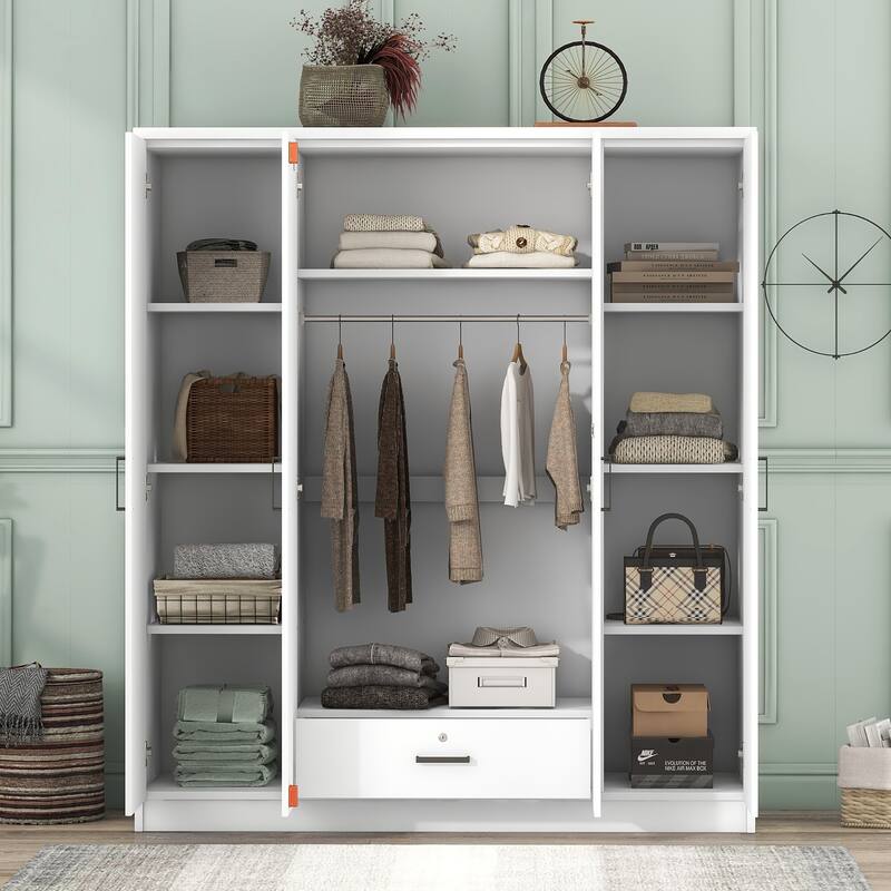 Modern 4Door Freestanding Closet Wardrobe with Drawer, Hanging Rod and Shelves Drawer for