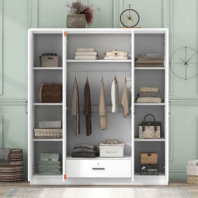 Modern 4-Door Freestanding Closet Wardrobe with Drawer, Hanging Rod and Shelves Drawer for Bedroom, White