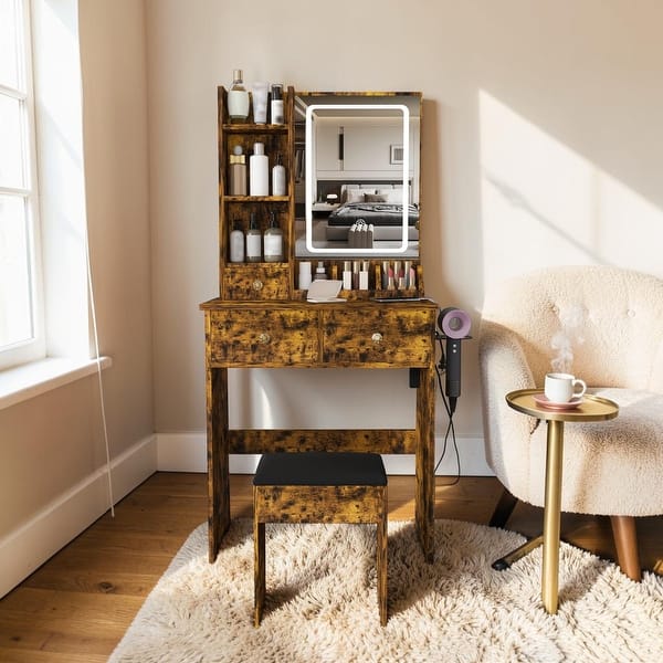 Small Makeup Vanity Desk with LED Lighted Mirror, 3 Drawers, Power Outlet, Hair Dryer Holder and Chair, Modern Vanity - Antique brown