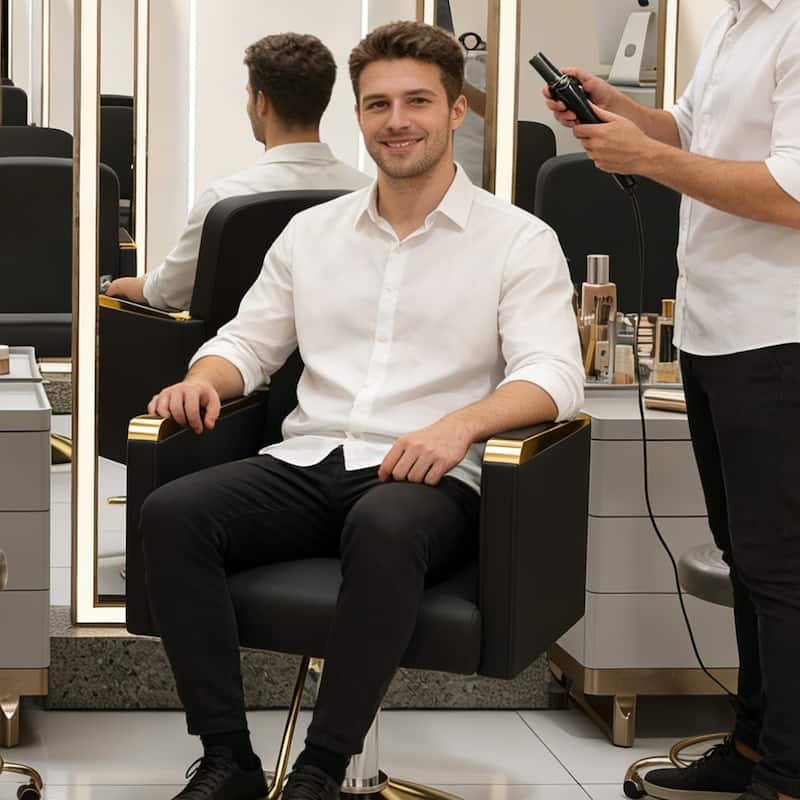 Roomfitters Hydraulic Salon Chair with 360° Swivel, Heavy Duty Barber Stylist Chair with Non-Tilting Gold Base, Black and Gold