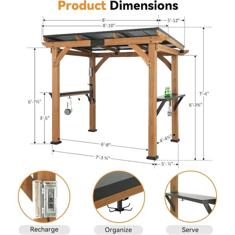 Cedar Wood Gazebo with Shelves and Paper Towel Holder, Patio Pavilion with Galvanized Steel Roof, USB and USB-C Charging Ports