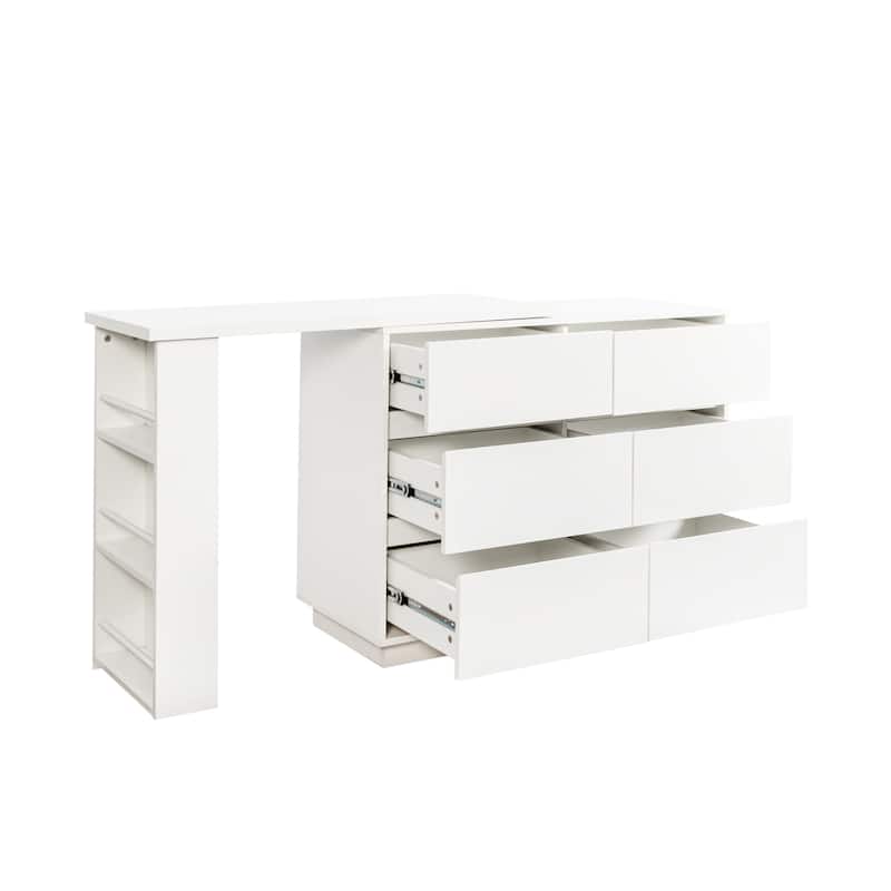 Roomfitters L-Shaped Computer Desk with Drawers, Modern Corner Home Office Desk with Reversible Storage Cabinet, White