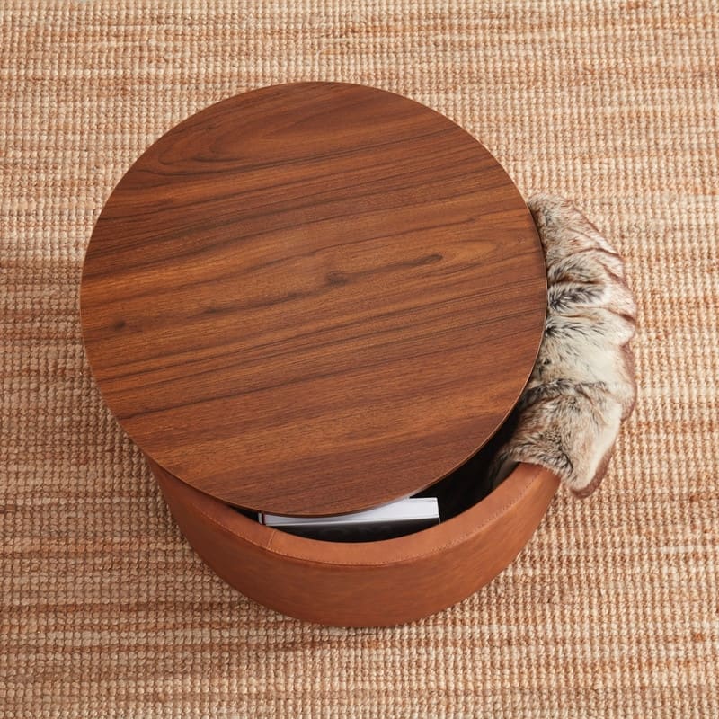 Parker Large Round Storage Coffee Table Ottoman with Wooden Lift Off Lid