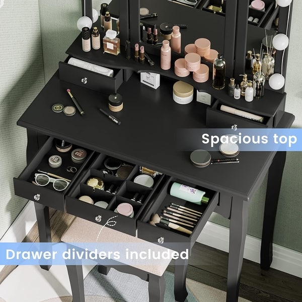 AUGESTER Lighted Makeup Vanity Set, Dressing Table Set With 12 Lights, 360° Rotating Oval Mirror, 5 Sliding Drawers, Elegant Cushioned Stool, For Bedroom Or Gifts Girls Women (Black), Black,White