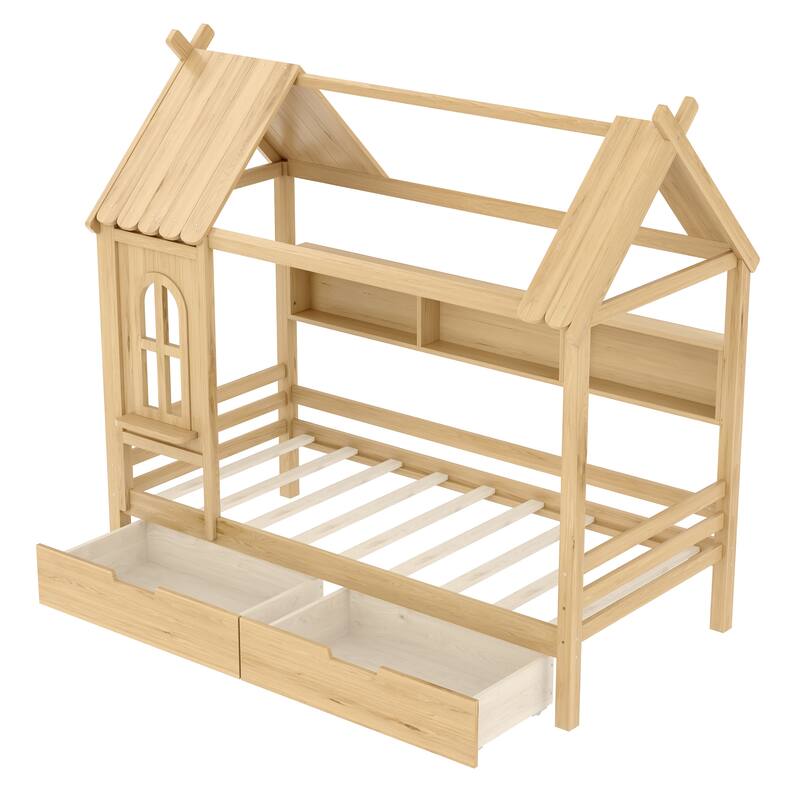 Twin house Beds with Storage Drawers and Window, Solid Wood House Platform Bed Frame with shelves