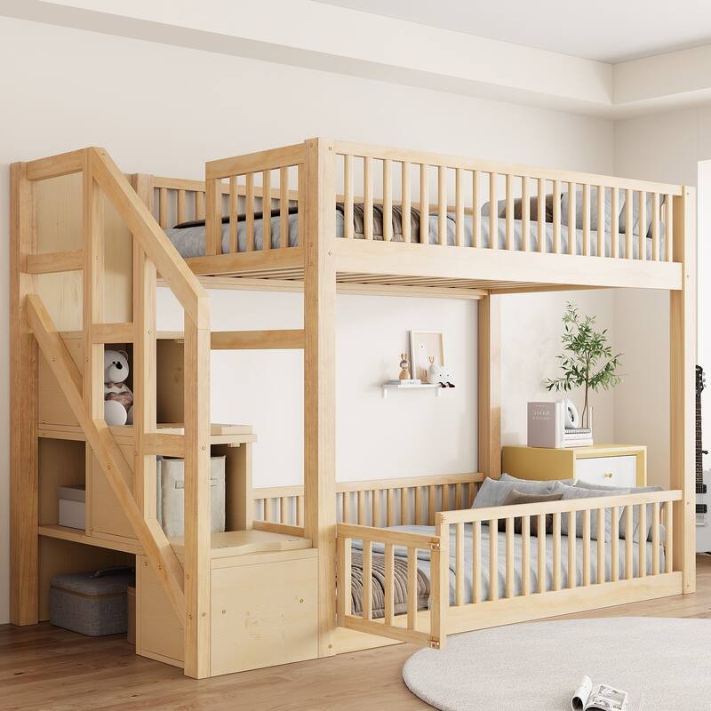 Twin Over Twin Floor Bunk Bed Frame with Storage Stairs and Door