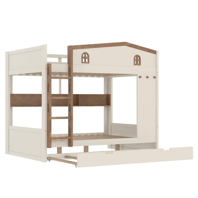 House-shaped Bunk Bed with Hooks, Storage Shelves, Safety Guardrails and Optional with Underbed Drawers or Trundle Bed