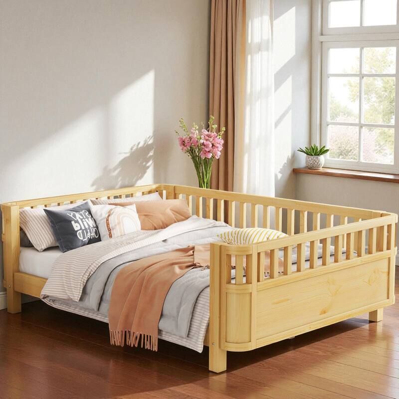 Wood Twin/Full Size Platform Bed with Safety Rails, Low Profile Kids Bed Frame for Girls and Boys