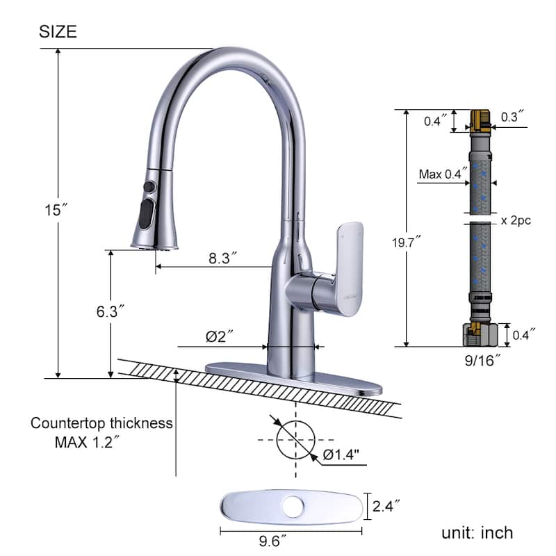 WOWOW 3-Functions Single-Handle Pull Down Sprayer Kitchen Faucet