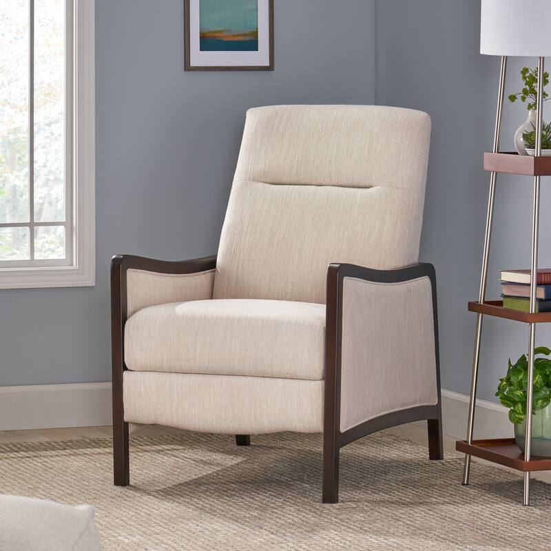 Mid-Century Upholstered Push-Back Recliner with Footrest and Birch Wood Frame - Beige