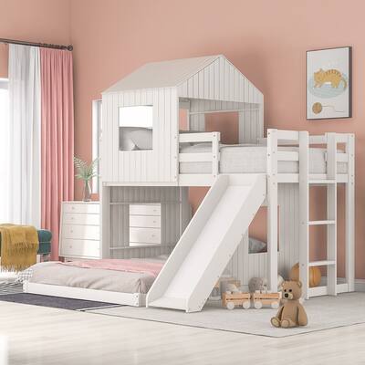 Wooden Bunk Bed, Loft Bed with Playhouse, Ladder, Slide