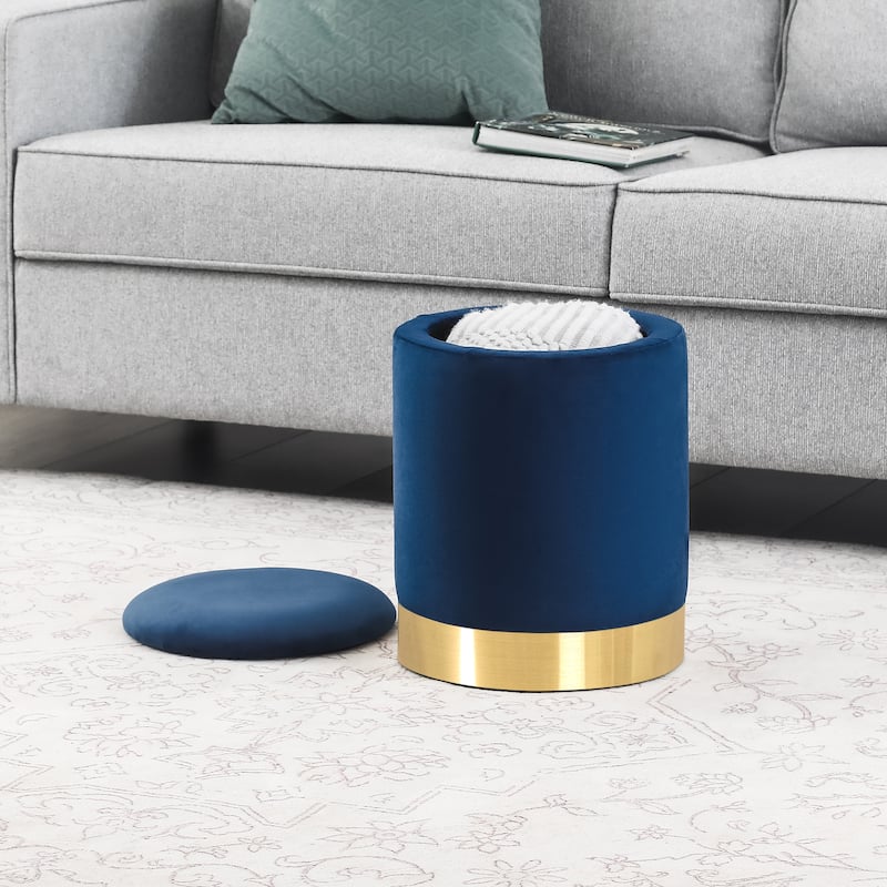 Adeco Round Storage Ottoman Footrest Stool Velvet Gold Plating Base