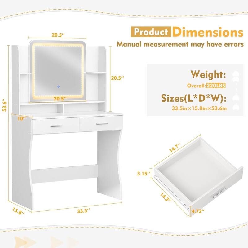 White Makeup Vanity Desk Wooden Dressing Table with Adjustable Lighted Mirror & 2 Drawers & Storage Shelves for Bedroom