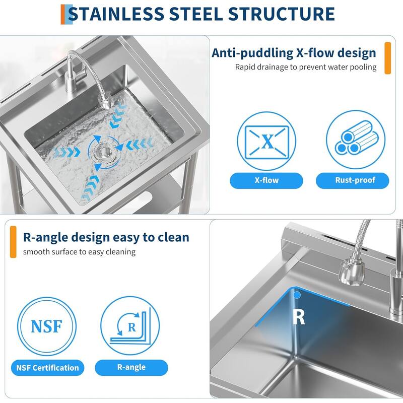 Freestanding Single Bowl Commercial Sink with Adjustable Legs, Storage Shelf, S-Hooks