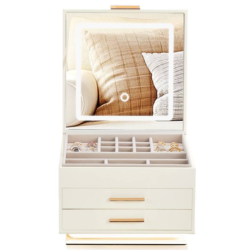 White and Pink Velvet Jewelry Organizer with LED Mirror Light and Drawers for Rings Necklaces - 23 × 23 × 17cm
