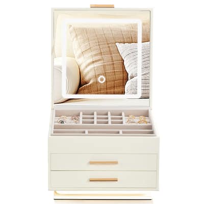 White and Pink Velvet Jewelry Organizer with LED Mirror Light and Drawers for Rings Necklaces - 23 × 23 × 17cm