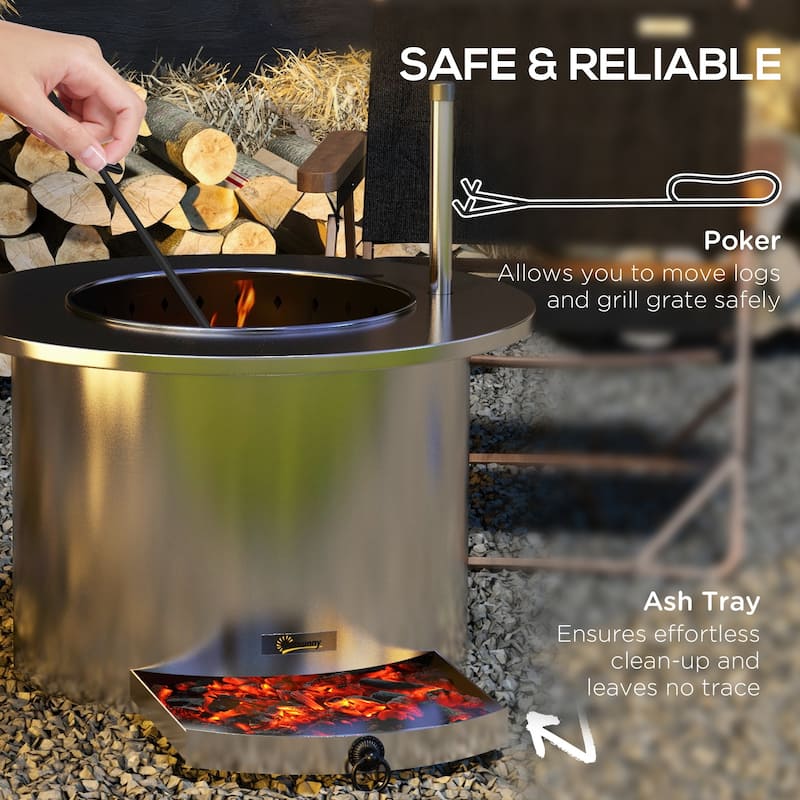 Outsunny 2-in-1 Smokeless Fire Pit, BBQ Grill, 25" Portable Wood Burning Firepit with Cooking Grate, Ash Tray & Poker, Low Smoke