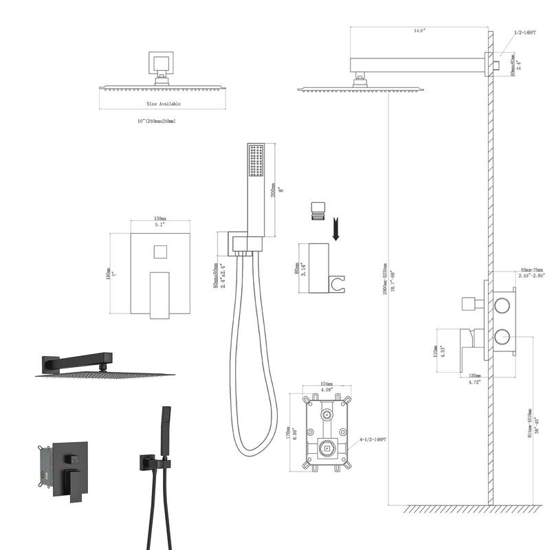 Topcraft 10-Inch Wall Mounted Square Shower System with Rough-in Valve - 10*10