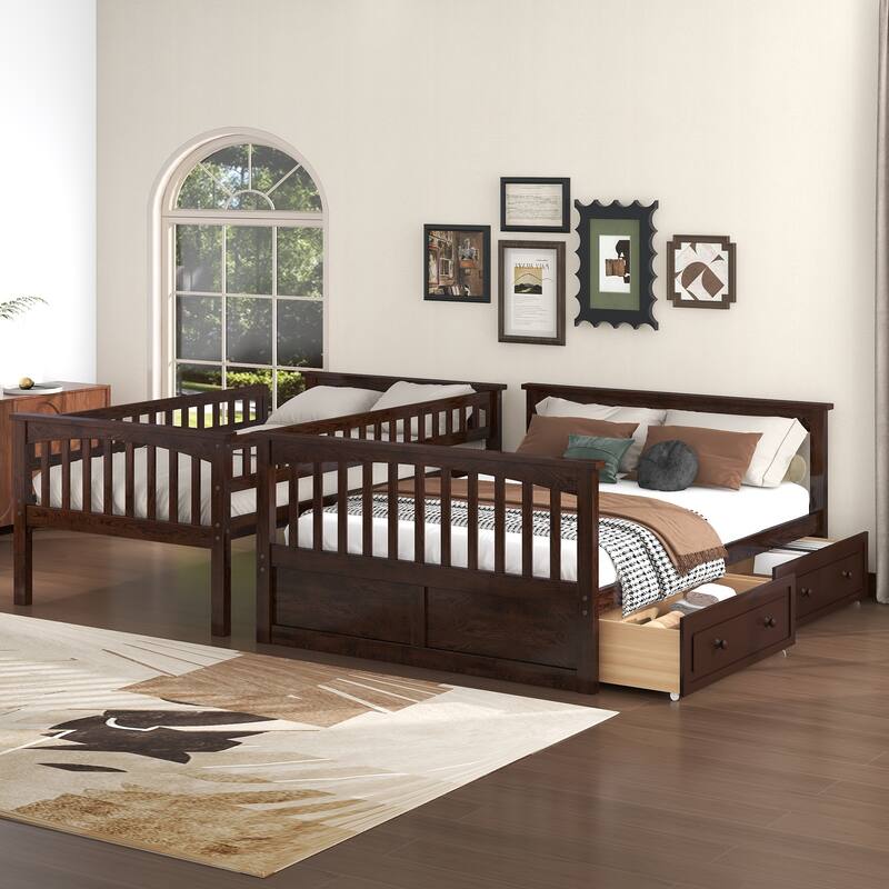 Wooden Storage Bunk Bed Frame with Fence-shaped Guardrails and Pull-out Drawers, Convertible 2 Platform Beds, Detachable Design