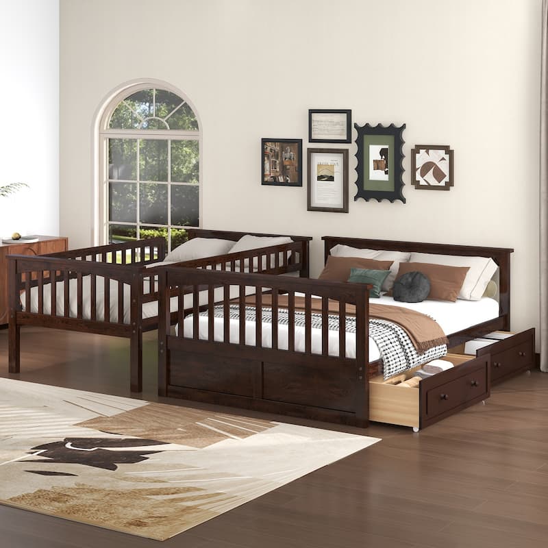 Wooden Twin over Full Bunk Bed with 2 Drawers, Detachable into 2 Beds, Solid Pine Wood Bunk Bed Frame with Fence Guardrail