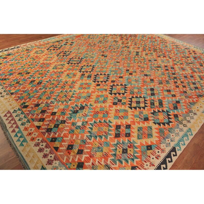Reversible Kilim Oriental Rug Flatweave Orange Wool Carpet - 10'1"x 12'9"