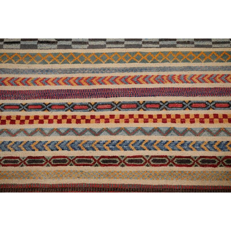 All-Over Striped Kazak Oriental Area Rug Hand-Knotted Wool Carpet - 3'11" x 5'11"