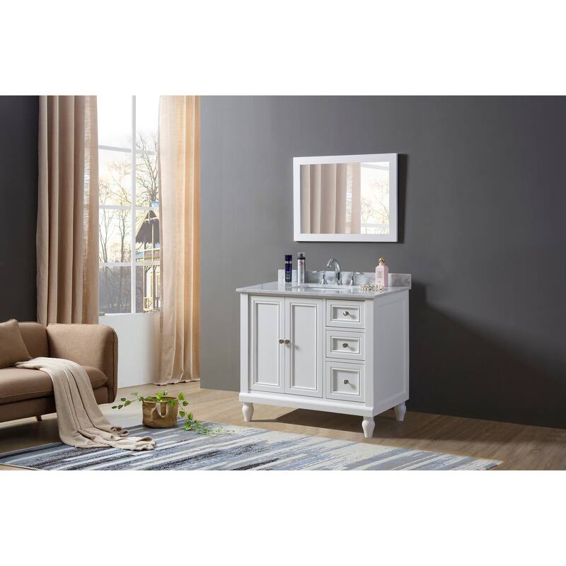 Classic 36 in. Vanity in White with White Carrara Marble Top and 1 large mirror