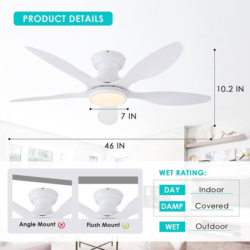 46" Modern Flush Mount Ceiling Fan with LED Light and Remote APP Control Reversible DC Motor for Living Room Bedroom - 46 Inches