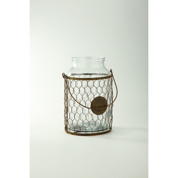 10" Clear and Brown Cylindrical Hand Blown Glass Vase with Netted Cage - N/A