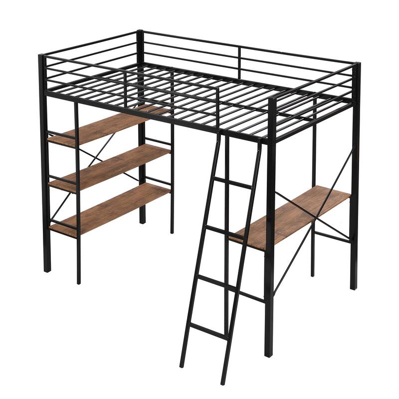 Roomfitters Twin Metal Loft Bed with Integrated Desk, Wall Shelf and Elevated Frame Design, Black