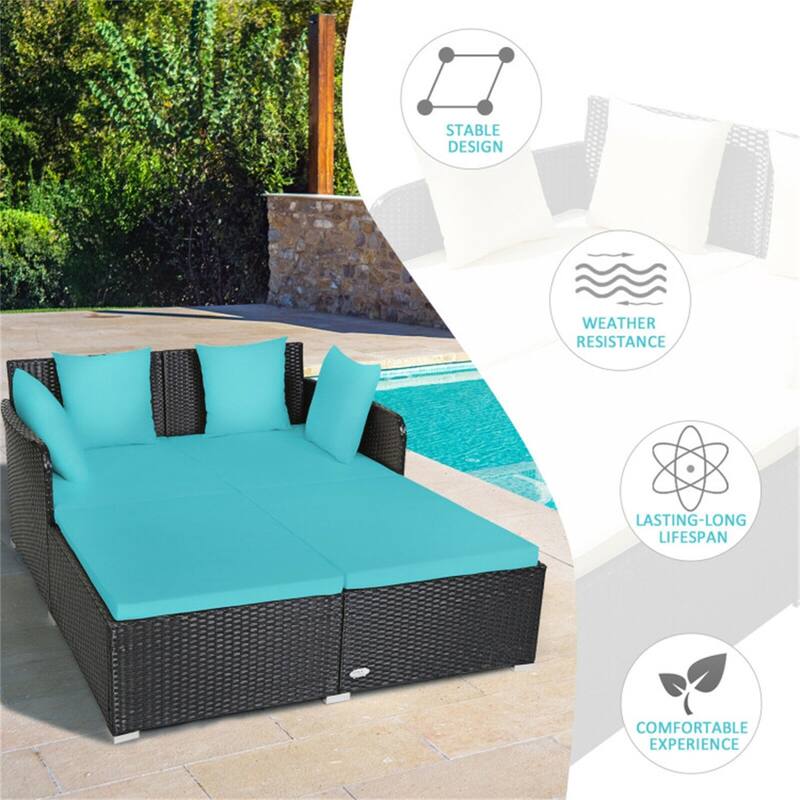Outdoor Rattan Daybed with Cushions for Patio or Backyard - 61" x 52" x 27.5"