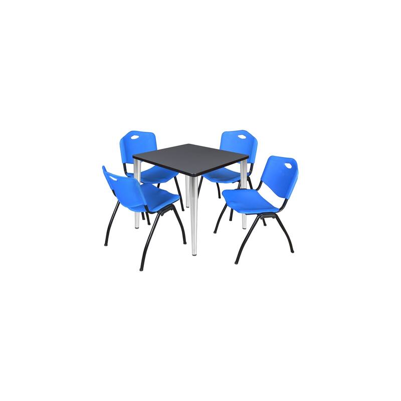 30 in. Square Breakroom Table- Grey Top, Chrome Base & 4 M Stack Chairs- Blue