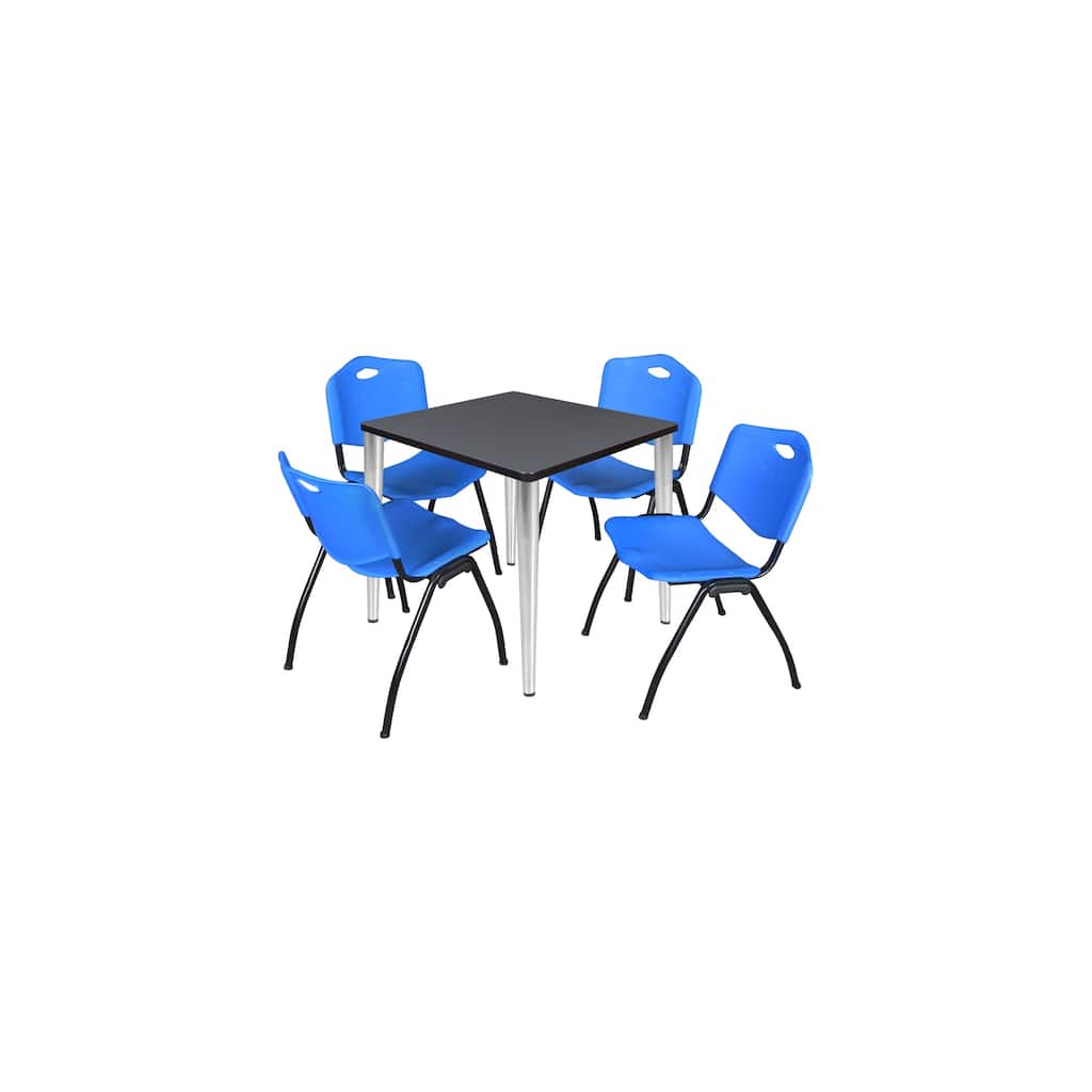 30 in. Square Breakroom Table- Grey Top, Chrome Base & 4 M Stack Chairs- Blue