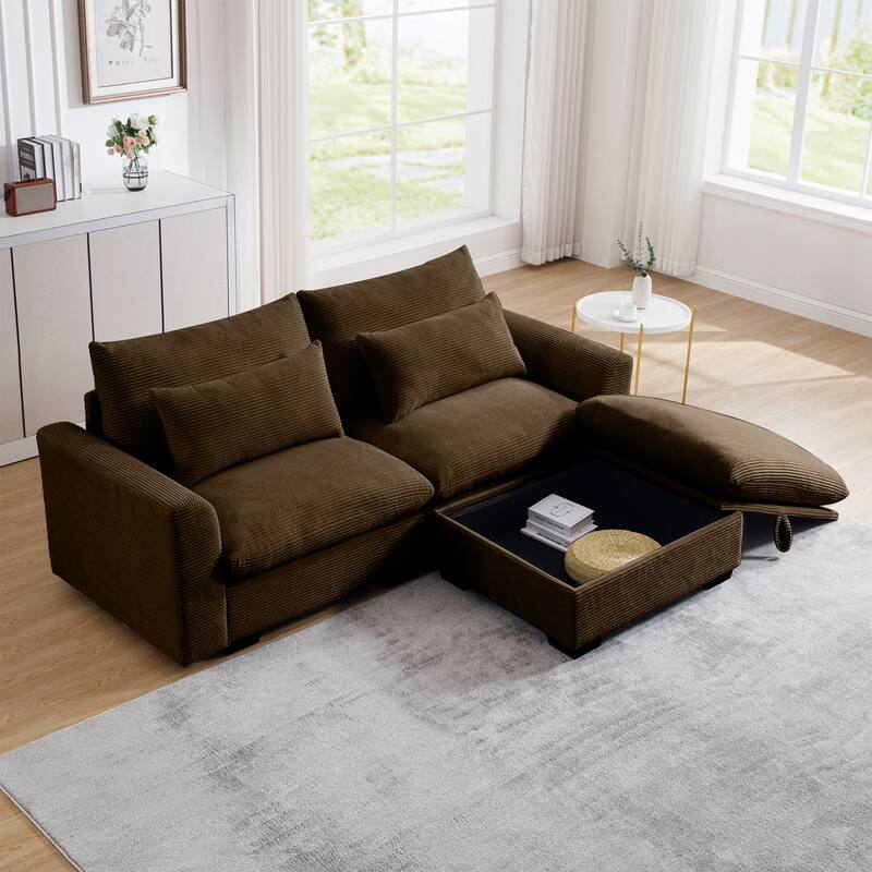 Multifunctional Loveseat Set with Storage Ottoman, Modern Sectional Sofa Corduroy Upholstered Couch with Pillows