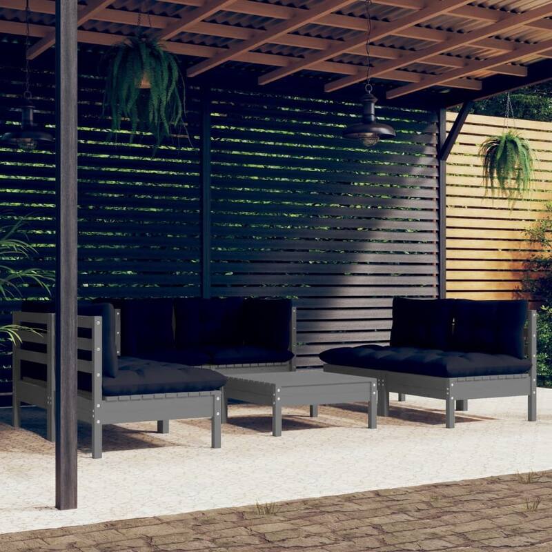 vidaXL Solid Pinewood Patio Lounge Set 7 Piece with Cushions Multi Colors - Grey
