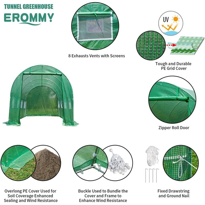EROMMY Large Walk-in Greenhouse, Portable Greenhouse with 2 Roll-up Zippered Doors&20 Screen Windows, Tunnel Garden Plant