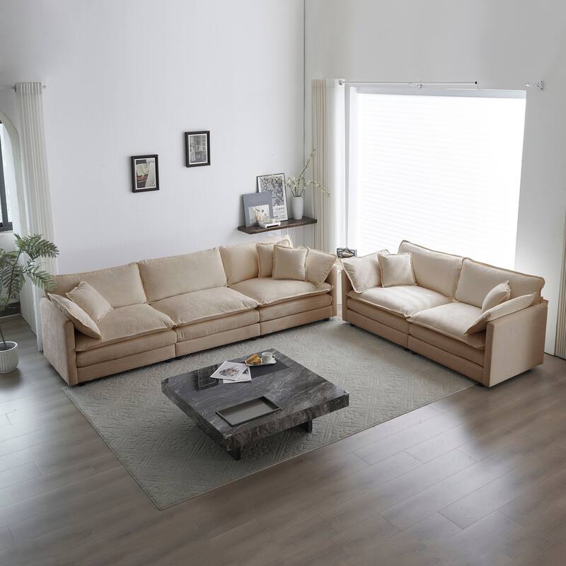 5-Seat Chenille Sofa Set with Deep Seats (3+2 Seater) - Beige