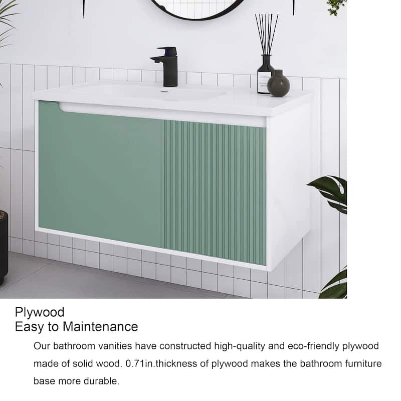 32/36/40 inch Wall Mounted Bathroom Vanity Set in Mint Green with Integrated Ceramic Sink