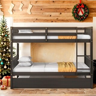 Solid Wood Detachable Twin Over Twin Bunk Beds with Trundle,Safety Rail and Ladder For Home