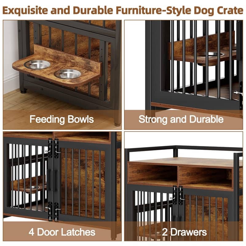Heavy Duty Dog Crate Kennels Storage Furniture With Adjustable Raised Feeder