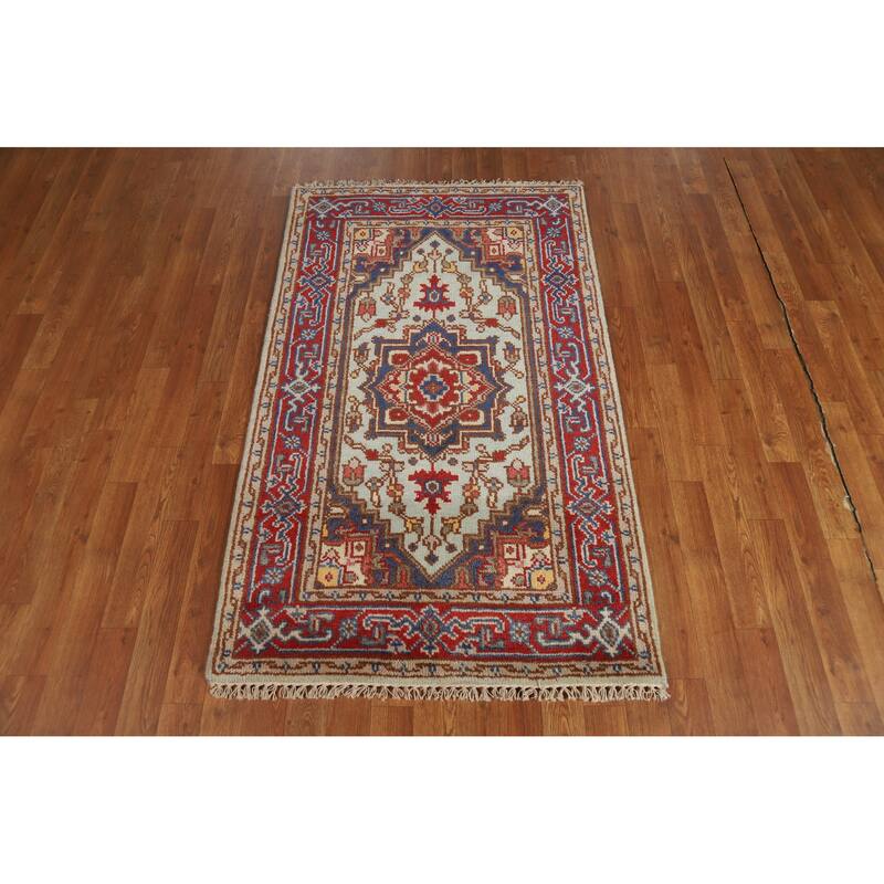 Hand Knotted Oriental 100% Wool Carpet Traditional Medallion Navy Blue & Blues Heriz (serapi) Area Rug - 5' 1'' X 3' 1''