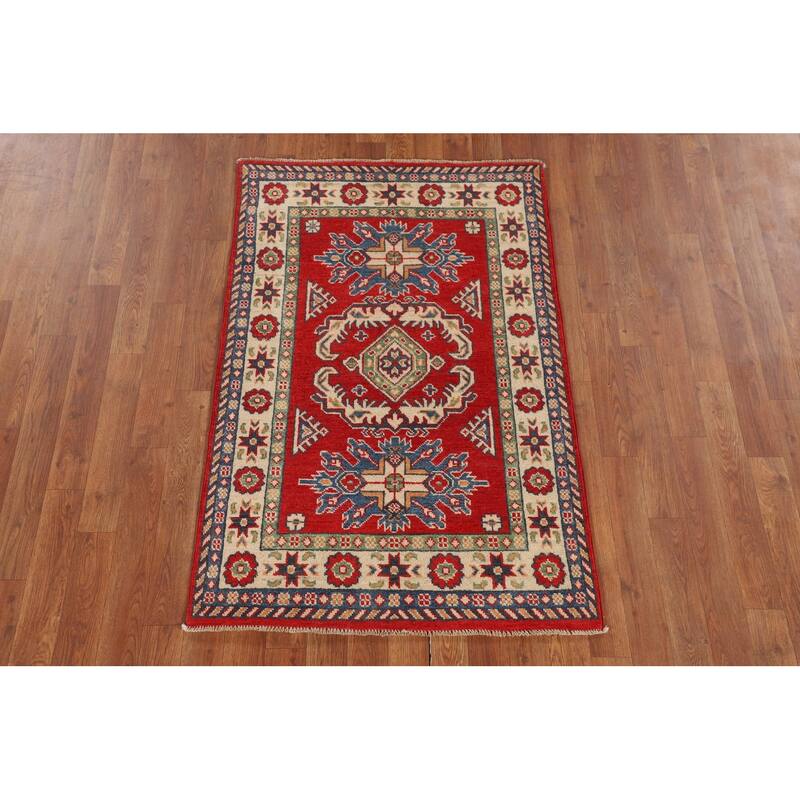 Geometric Red Kazak Foyer Rug Hand-Knotted Wool Carpet - 2'10" x 4'3"