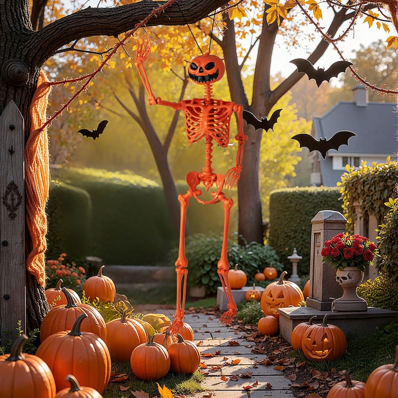 5.2 Ft Life-Size Posable Skeleton Halloween Orange Skeleton Decoration
