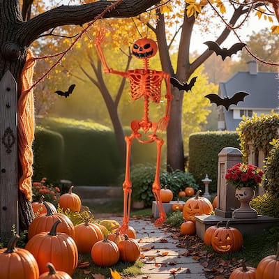 5.2 Ft Life-Size Posable Skeleton Halloween Orange Skeleton Decoration