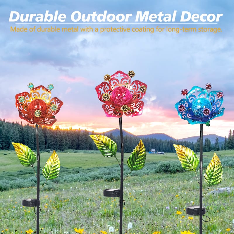 Adeco Set of 3 Solar LED Metal Flowers Garden Stakes