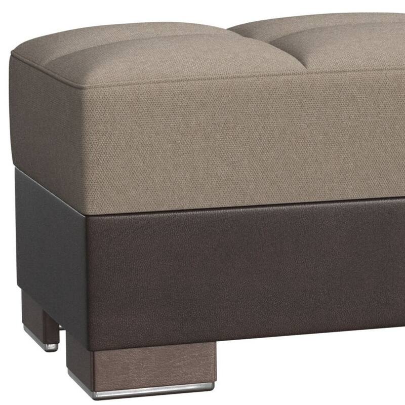 HomeRoots 52" Sand and Brown Chenille And Faux Leather Storage Ottoman