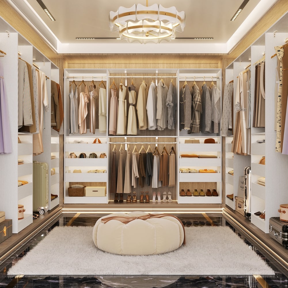 Rackcog 80"-120" W Closet System With 6 Wooden Drawers and 4 Hanging Rods,Sturdy Walk-in Closet Organizer with Storage Shelves